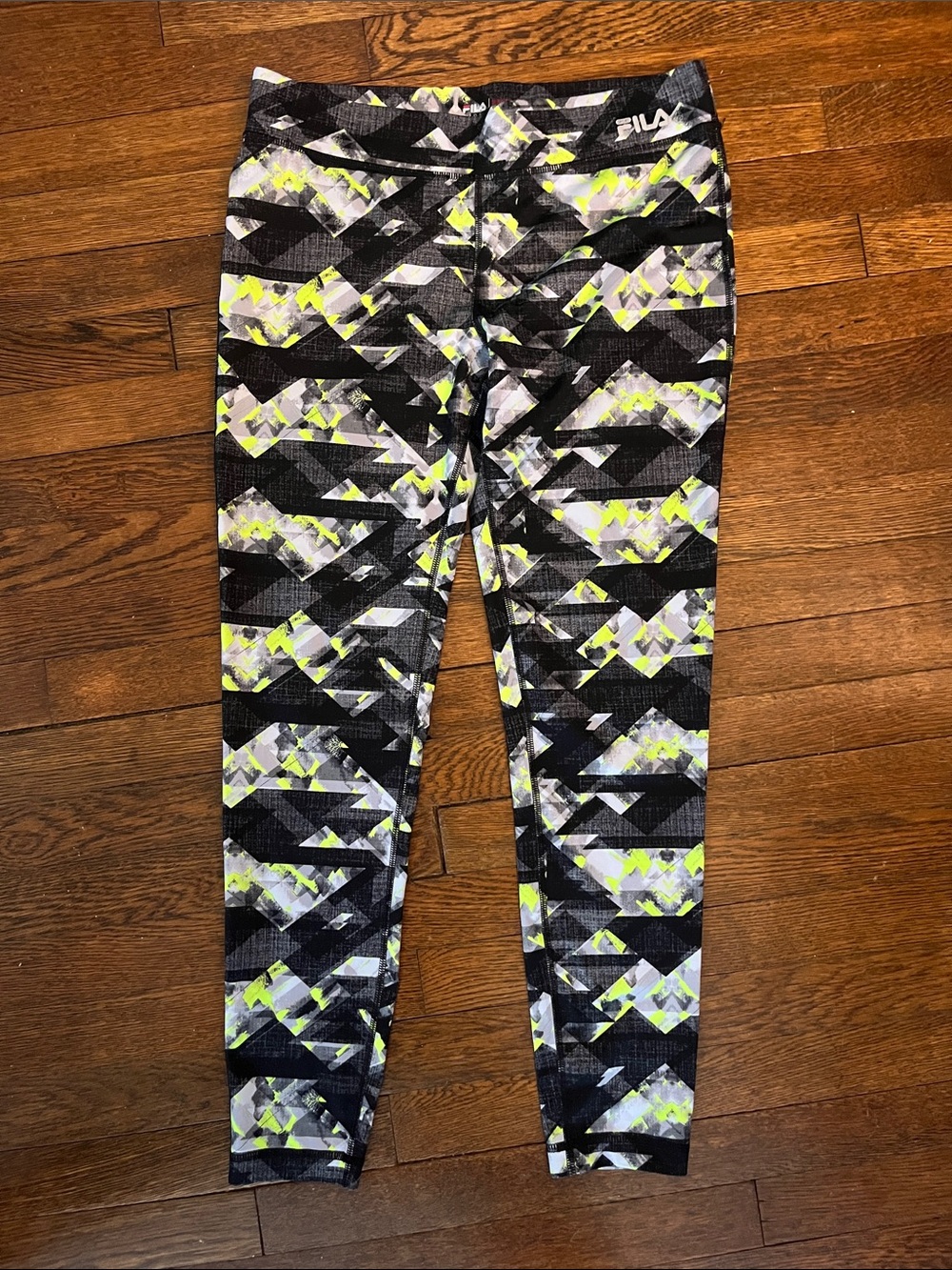 FILA Black, Gray & Neon Yellow Geometric Leggings